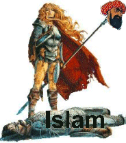 Islam and Muhammad depicted where they properly belong. Islam dead Muhammad’s head on a woman’s spear.